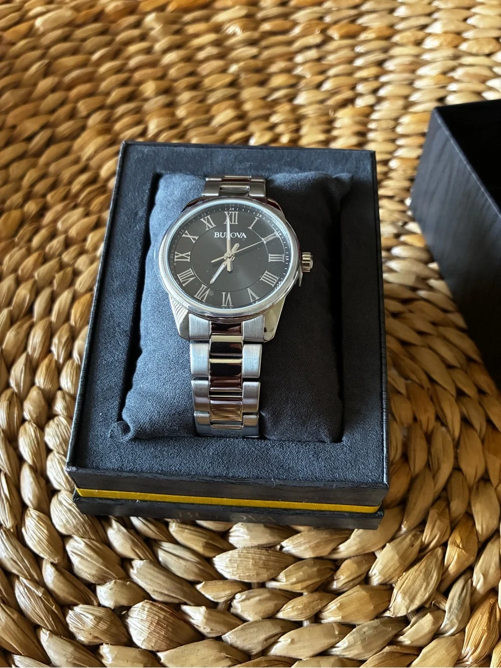 Bulova Silver Men's Watch with Black Dial and Roman Numerals
